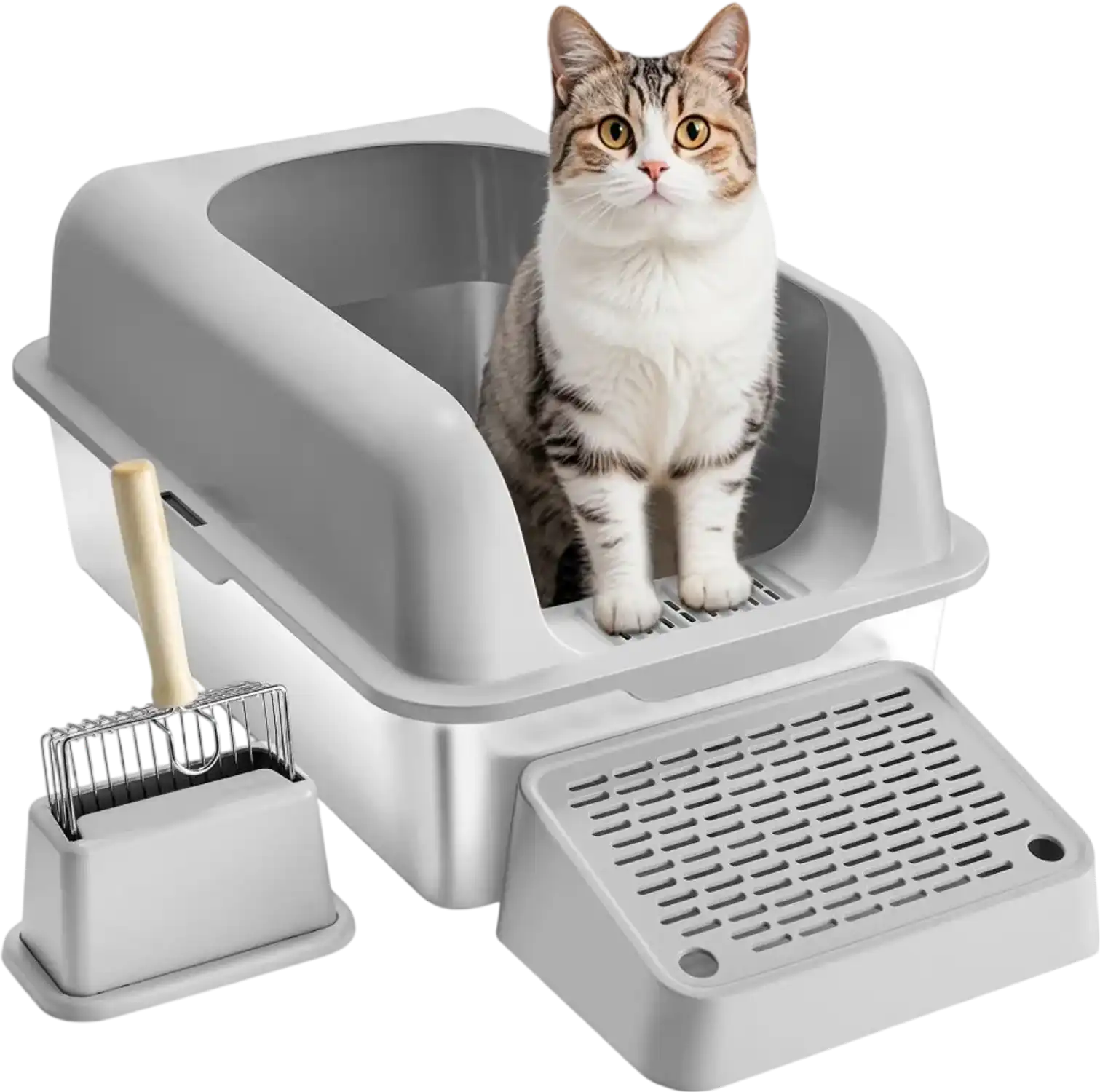 Vevor Cat Litter Box Odor-Free XL Stainless Steel with Scoop & Filtering Foot Board New