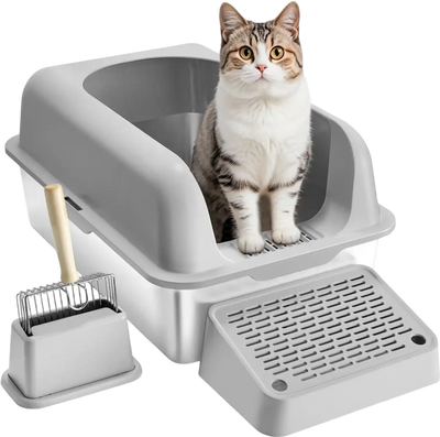 VEVOR Cat Litter Box, 6 inches Deep, XL Extra Large Stainless Steel Cat Litter Box with Scoop, Wide Filtering Foot Board & High Sides, Enclosed Odor-Free Easy-to-Clean Litter Box, Fit for Big Cats