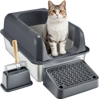 VEVOR Cat Litter Box, 6 inches Deep, XL Extra Large Stainless Steel Cat Litter Box with Scoop, Wide Filtering Foot Board & High Sides, Enclosed Odor-Free Easy-to-Clean Litter Box, Fit for Big Cats