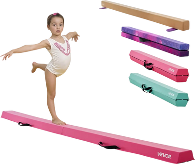 VEVOR 8FT Folding Balance Beam for Kids, 200LBS Stable Support Gymnastics Floor Beam with Non-Slip Mats, Gymnastics Training Equipment with Anti-Slip Bottom and Carrying Bag for Home Gym, Pink