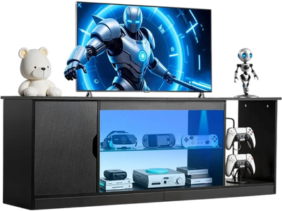 VEVOR TV Stand for TVs up to 65 inch, Modern Entertainment Center with Light Strip, Wooden TV Cabinet Storage with Glass Shelf and Adjustable Shelves, Console Table for Living Room and Bedroom, Black