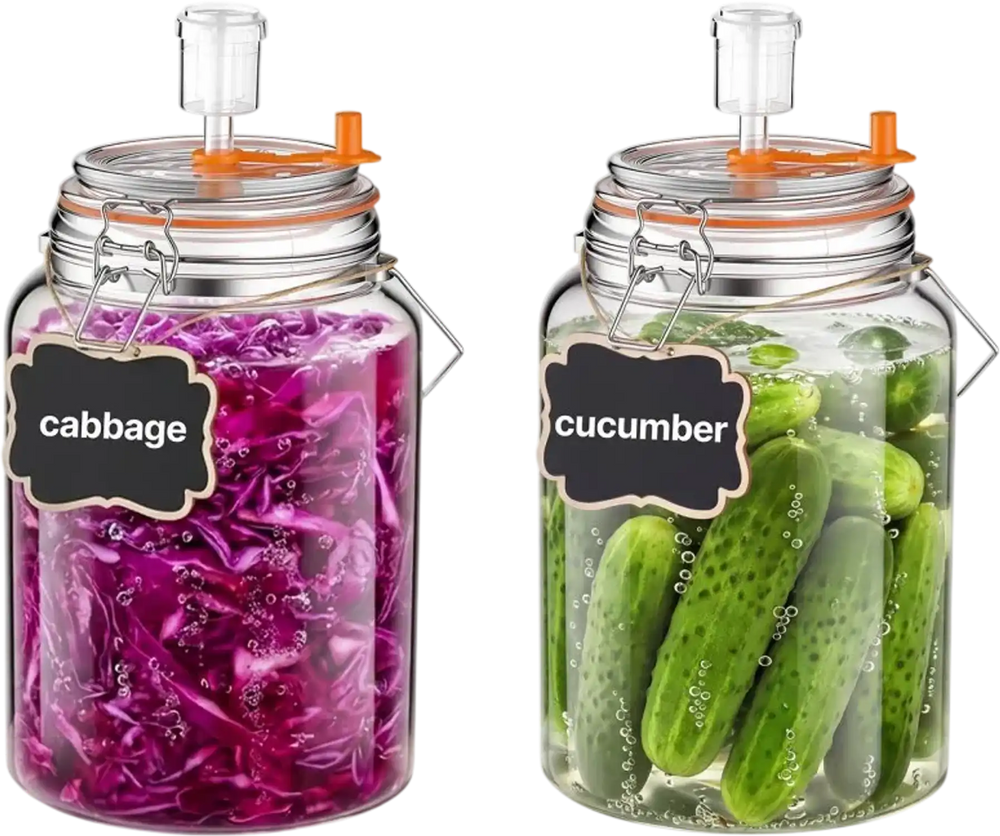 VEVOR 1 Gallon Glass Fermentation Jar, Wide Mouth Container Kit, 2-Pack, for Making Sauerkraut, Kimchi, Pickles and Vegetables, Glass Jars for Beginners with Airlocks, Latch Lids, and Silicone Rings
