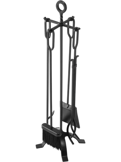 VEVOR Fireplace Tool Set, 5 PCS Fire Tool Set and Holder with Four-Prong Stand, Tongs, Ash Shovel, Brush, Fire Place Poker, Wrought Iron Fireplace Accessories for Campfire Indoor/Outdoor, Black