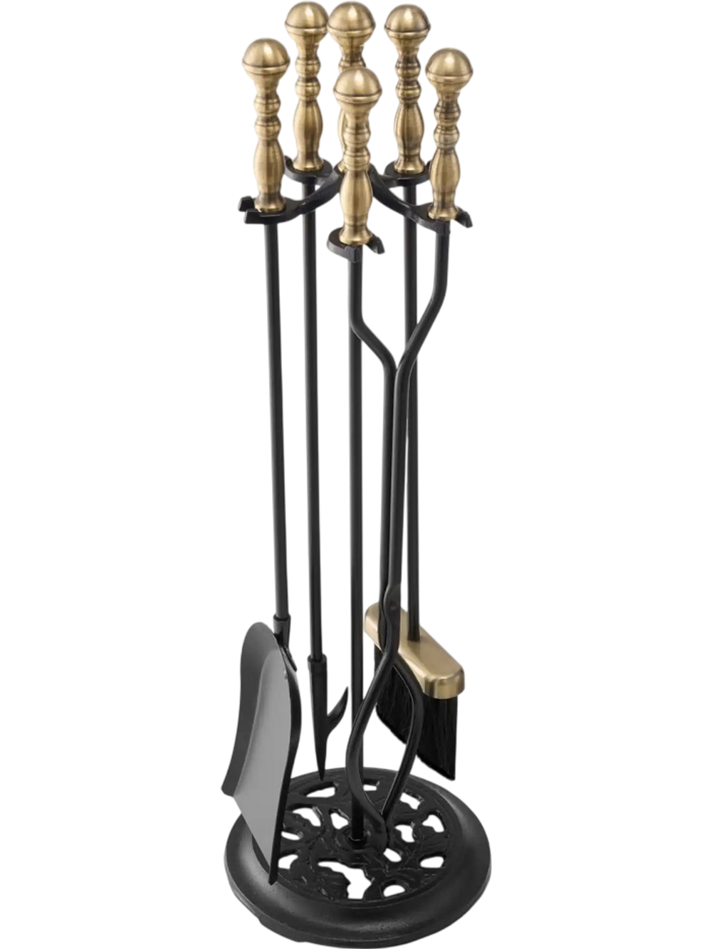 VEVOR Fireplace Tool Set, 5 PCS Fire Tool Set and Holder with Five-Prong Stand, Tongs, Ash Shovel, Brush, Fire Place Poker, Wrought Iron Fireplace Accessories for Indoor/Outdoor, Black & Brass