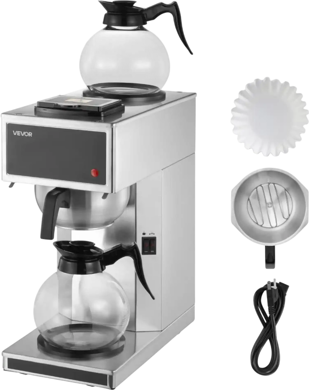 VEVOR Commercial Drip Coffee Maker, 12 Cups Coffee-Maker Machine with 2 Glass Carafes and 2 Decanter Warmer Plates, Stainless Steel Drip Style Coffee Brewer, for Restaurant, Office, Coffee Shop & Home