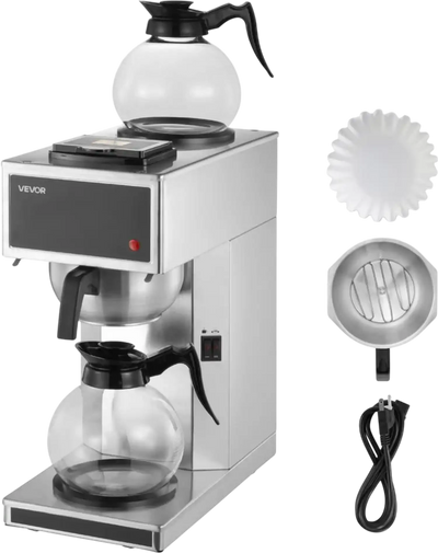 VEVOR Commercial Drip Coffee Maker, 12 Cups Coffee-Maker Machine with 2 Glass Carafes and 2 Decanter Warmer Plates, Stainless Steel Drip Style Coffee Brewer, for Restaurant, Office, Coffee Shop & Home