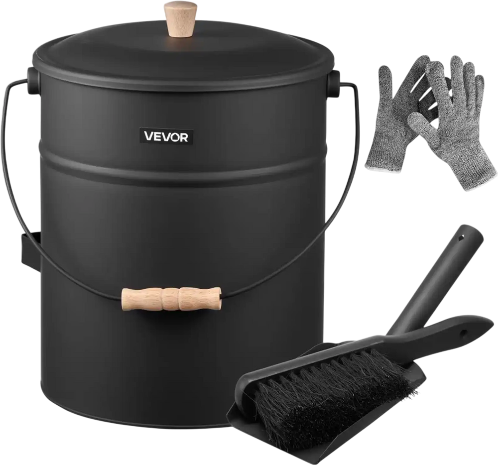 VEVOR Ash Bucket, 4 PCS with Lid, Shovel, Broom and Gloves, Metal Fireplace Charcoal Bucket and Ash Can, 4 GAL Large Capacity for Fireplace, Fire Pits, Wood Burning Stoves, Indoor and Outdoor