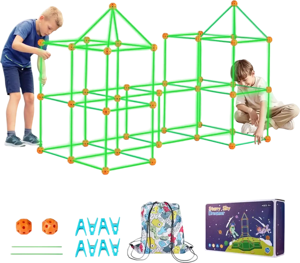 VEVOR Fort Building Kit for Kids, 140PCS Glow in The Dark STEM Building Toys, Educational Gift for 4 5 6 7 8+ Year Old Boys & Girls Indoor Outdoor Play Tent Construction Toys with 96 Rods and 44 Balls