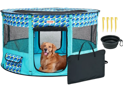 VEVOR Foldable Pet Playpen, 44'' x 44'' x 24'' Portable Dog Playpen, Crate Kennel for Puppy, Dog, Cat, Waterproof 600D Oxford Cloth, Removable Zipper, for Indoor Outdoor Travel Camping (Round, L)