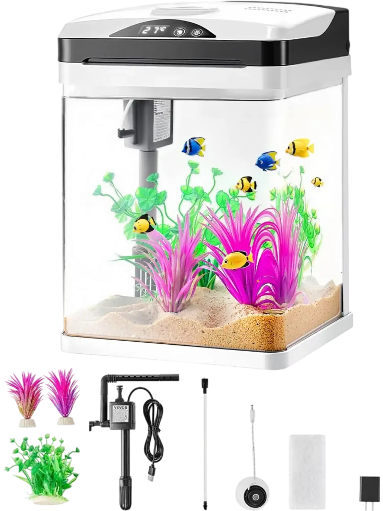 Vevor Fish Tank Aquarium 2 Gallon Self-Cleaning LED Square Glass New