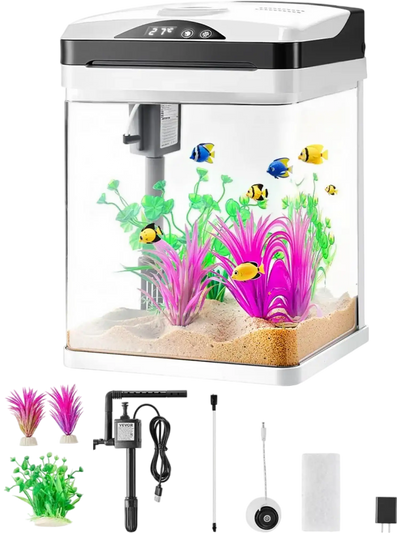 VEVOR Fish Tank Aquarium, 2 Gallon LED Square Ultra-Clear Glass Tank Temperature Monitoring Adjustable 7 Color Lighting, Self Cleaning System Fishbowl for Freshwater & Saltwater Fish Home,Office,Pet