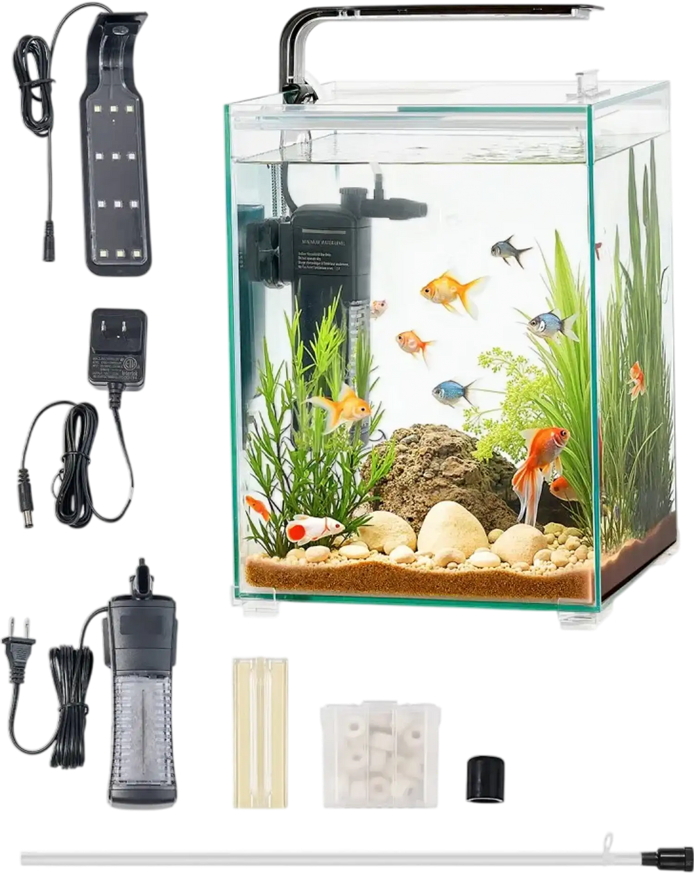 VEVOR Fish Tank Aquarium, 5 Gallon Square Ultra-Clear Glass Starter Smart Tank Adjustable 3 Color Lighting, Self Cleaning System Fishbowl for Freshwater & Saltwater Fish Home, Office, or Pet Use