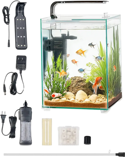VEVOR Fish Tank Aquarium, 5 Gallon Square Ultra-Clear Glass Starter Smart Tank Adjustable 3 Color Lighting, Self Cleaning System Fishbowl for Freshwater & Saltwater Fish Home, Office, or Pet Use