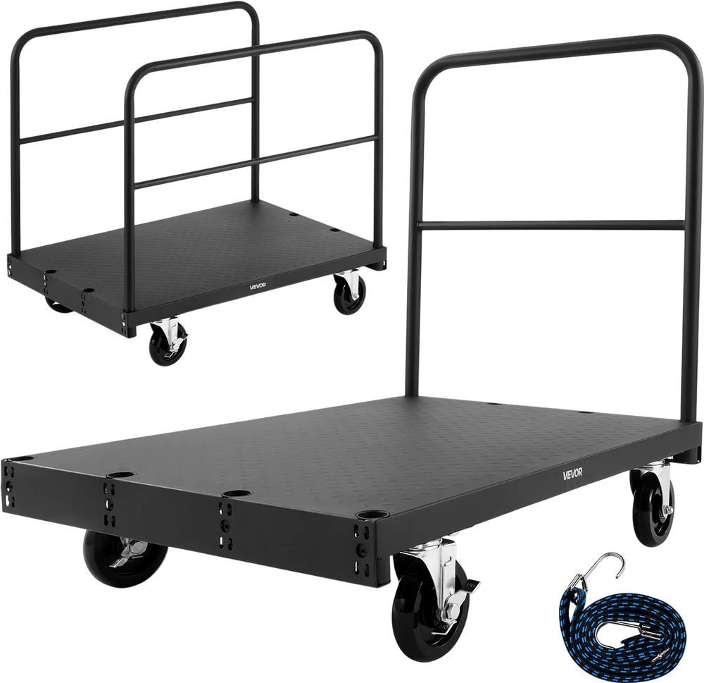 VEVOR Drywall Cart Dolly, 1800 lbs Load Capacity, 2-in-1 Steel Panel Truck Cart with 5 inch Swivel Casters, 36 x 24 inch Platform Truck with 3 Side Handrails for Factory, Warehouse, Garage, Black
