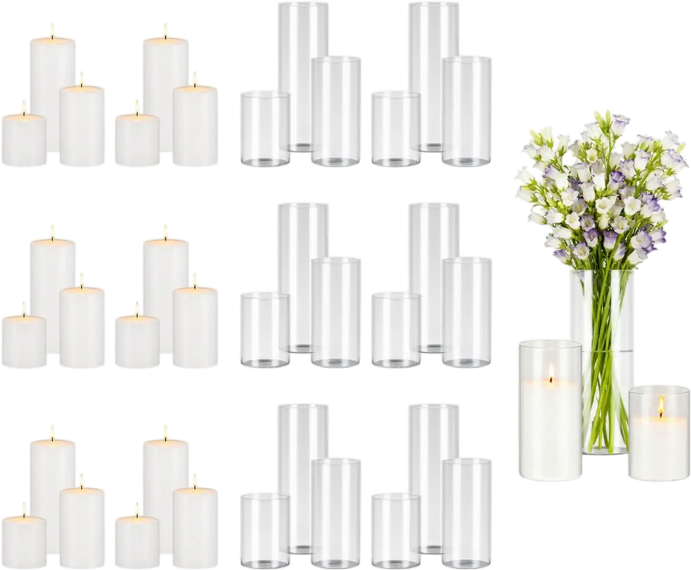 VEVOR Pillar Candles and Glass Vases Set 36 Pcs, Clear Cylinder Hurricane Candle Holders for Wedding Centerpieces, Tall Vase for Table Decor, Wedding Party, Thanksgiving, White (3.4" x 4.7",7.1",9.8")