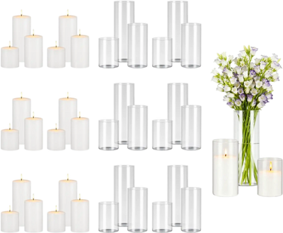 VEVOR Pillar Candles and Glass Vases Set 36 Pcs, Clear Cylinder Hurricane Candle Holders for Wedding Centerpieces, Tall Vase for Table Decor, Wedding Party, Thanksgiving, White (3.4