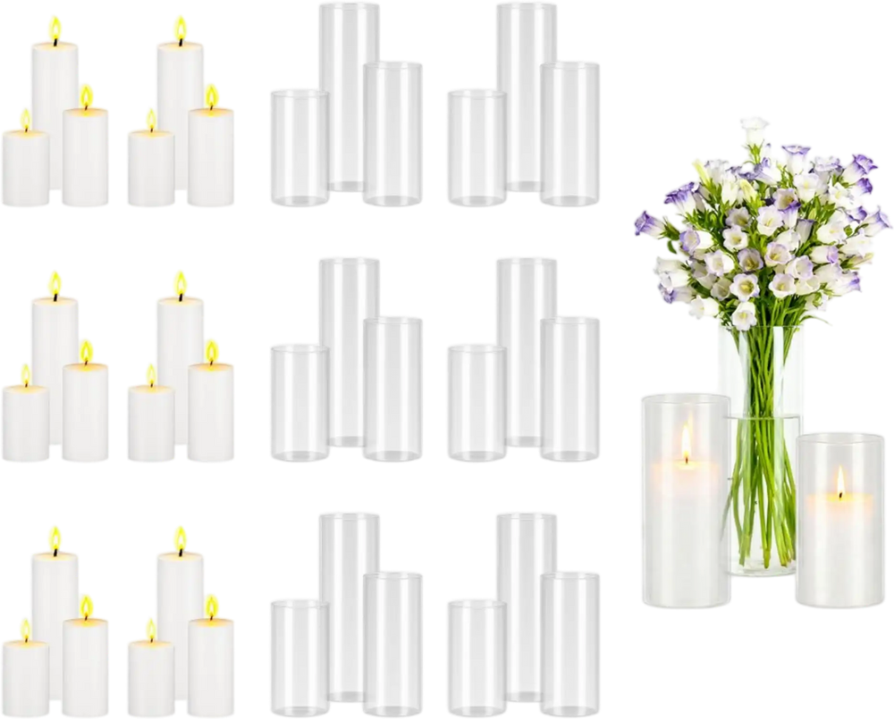 VEVOR Pillar Candles and Glass Vases Set 36 Pcs, Clear Cylinder Hurricane Candle Holders for Wedding Centerpieces, Tall Vase for Table Decor, Wedding Party, Thanksgiving,White (2.56" x 4.7",5.9",7.9")