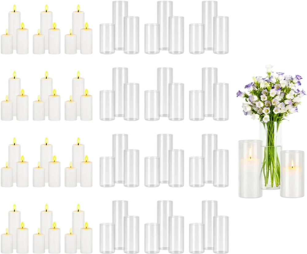 VEVOR Pillar Candles and Glass Vases Set 72 Pcs, Clear Cylinder Hurricane Candle Holders for Wedding Centerpieces, Tall Vase for Table Decor, Wedding Party, Thanksgiving,White (2.56" x 4.7",5.9",7.9")