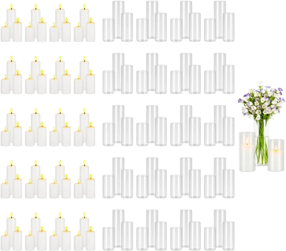 VEVOR Pillar Candles and Glass Vases Set 120 Pcs, Clear Cylinder Hurricane Candle Holders for Wedding Centerpieces, Tall Vase for Table Decor, Wedding Party,Thanksgiving,White (2.56" x 4.7",5.9",7.9")