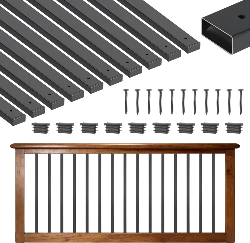 VEVOR 61 Pack Deck Balusters, 36 in Galvanized Steel Railing Spindles, Hollow Rectangle Metal Decking Stair Balusters with Pre-Drilled Hole, End Caps, Screws, for Deck, Porch & Stair Railing, Black