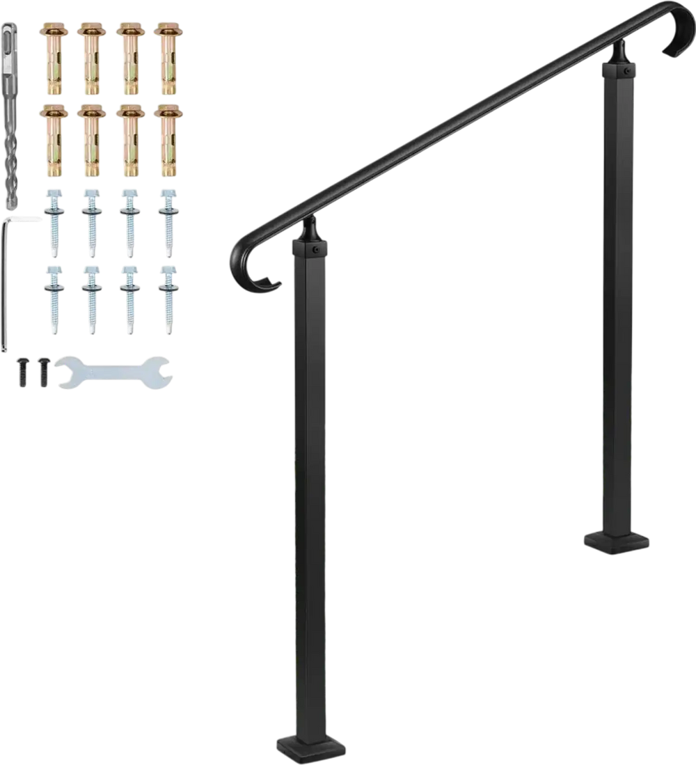 VEVOR Handrails for Outdoor Steps, 2-3 Step Adjustable Height, Carbon Steel Transitional Handrail with Installation Kit, Exterior Hand Railing for Steps, Concrete or Wooden Stairs, Porch, Matte Black