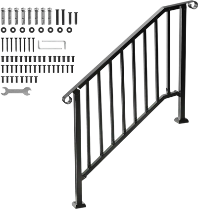 VEVOR Handrails for Outdoor Steps, 3-4 Step Stair Hand Rail Kit, Transitional Iron Railings with Installation Kit, Stair Rails for Seniors, Concrete Steps & Porch & Deck, Black Retro Arch
