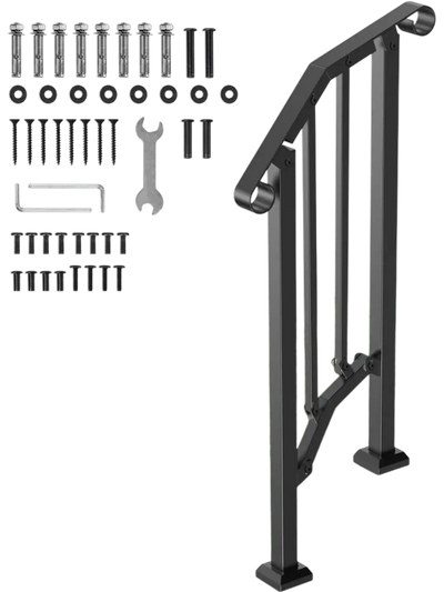 VEVOR Handrails for Outdoor Steps, 1-2 Step Stair Hand Rail Kit, Transitional Carbon Steel Railings with Installation Kit, Stair Rails for Seniors, Concrete Steps & Porch & Deck, Black Retro Arch