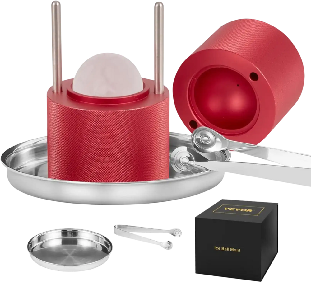 VEVOR Ice Ball Press, 2.4" Ice Ball Maker, Aircraft Al Alloy Ice Ball Press Kit for 60mm Ice Sphere, Ice Press with Tong and Drip Tray, for Whiskey, Cocktail, Bourbon, Scot on Party & Holiday, Red