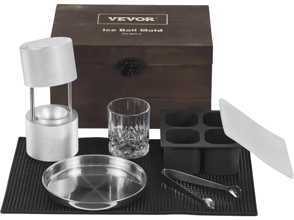 VEVOR Ice Ball Press Kit, Aircraft Al Alloy Ice Press with Ice Block Mold, Large Mat, Tong, Drip Tray, One Glass, Round Ice Ball Maker 2.4"/60 mm Ice Sphere, for Whiskey, Cocktail on Party & Holiday