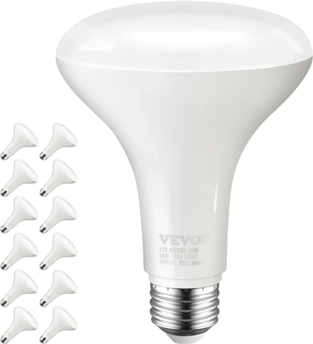 VEVOR BR30 Flood Light Bulb, 12 Pack LED Indoor Flood Lights, 850 Lumens LED Flood Light Bulbs, E26 Standard Base, 3000K Warm Light, 15,000 Hour Lifetime, Stepless Dimmable Recessed Can Light Bulbs