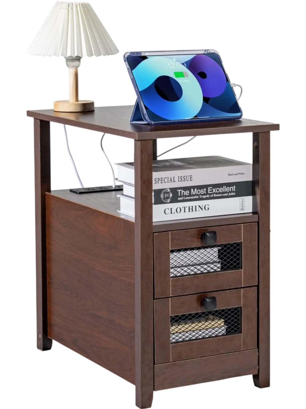 VEVOR Farmhouse End Table, Nightstand with Charging Station, 4 Tiers End Table with Storage Cabinet and 2 Drawers, Side Table with USB Ports and Outlets, Ideal for Living Room, Bedroom, Brown