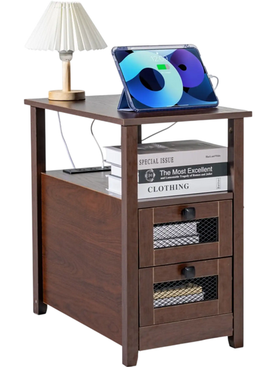 VEVOR Farmhouse End Table, Nightstand with Charging Station, 4 Tiers End Table with Storage Cabinet and 2 Drawers, Side Table with USB Ports and Outlets, Ideal for Living Room, Bedroom, Brown