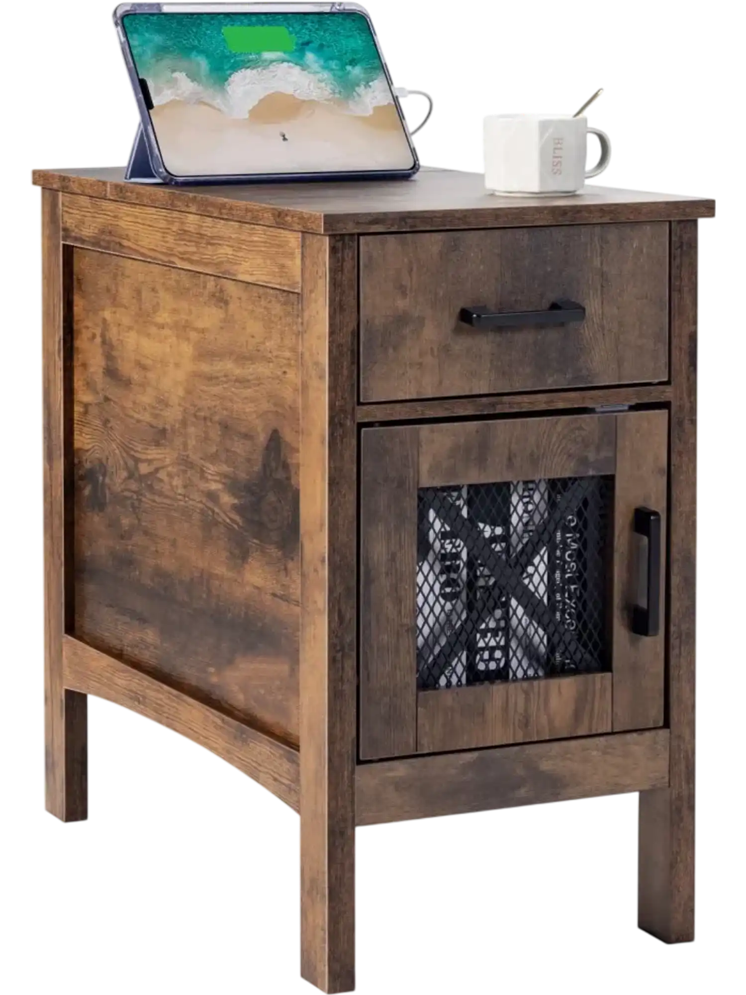 Vevor End Table Farmhouse Nightstand with Charging Station and 3-Tier Storage Cabinet New