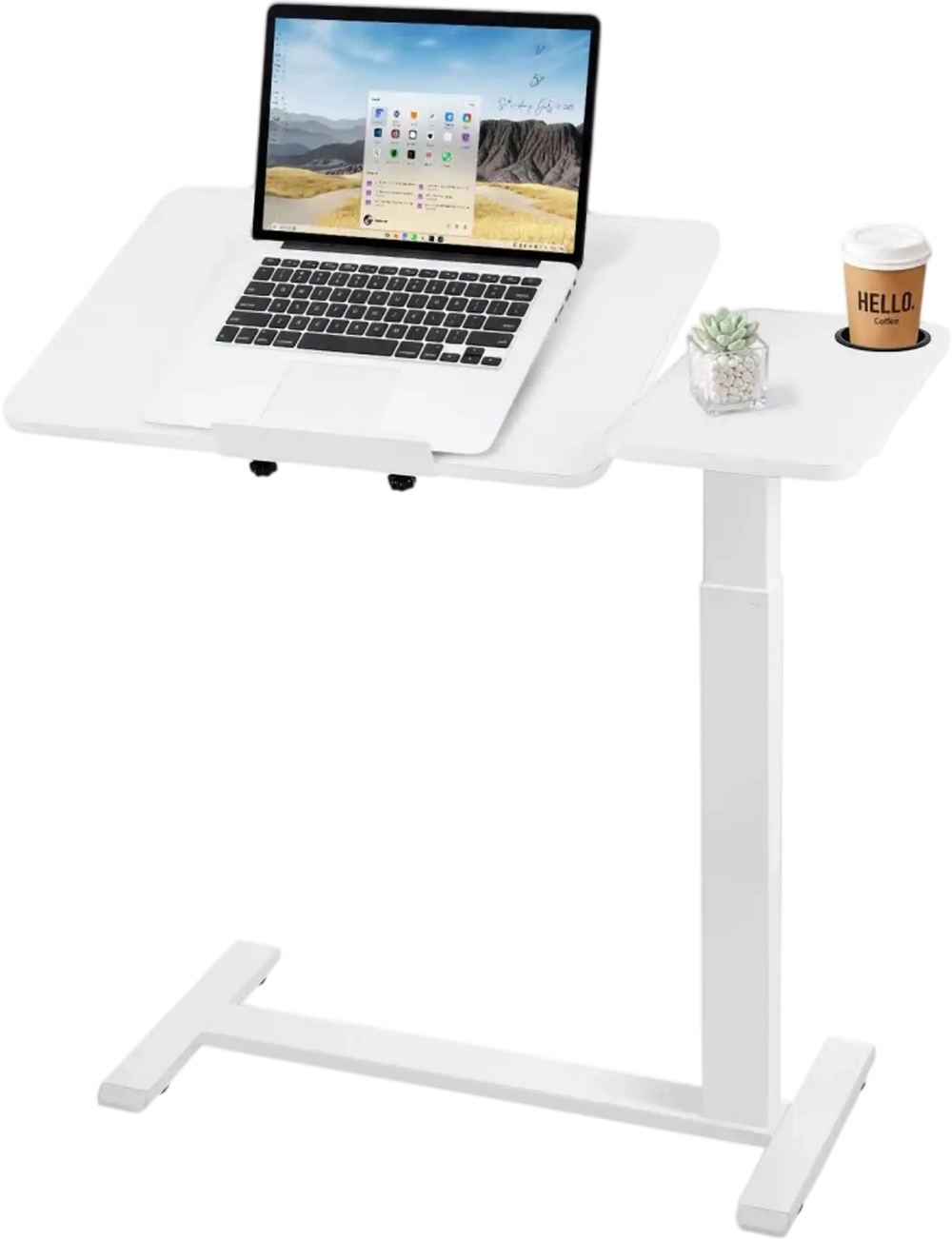 VEVOR Overbed Table 31.5"W x 15.7"D Mobile Bedside Table with Wheels White, for Home Office Bed Couch, Height Adjustable Rolling Laptop Desk, Portable Standing Cart with Tilting Desktop & Cup Holder