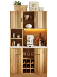VEVOR Wine Cabinet, Coffee Bar Cabinet with 9 Wine Bottle Racks, Modern Buffet Sideboard with Glass Holder, LED Light, Charging Station, for Home Kitchen, Living Room, Dining Room, Natural Wood Finish