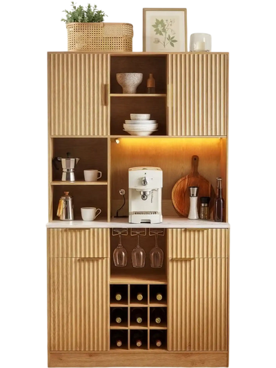 VEVOR Wine Cabinet, Coffee Bar Cabinet with 9 Wine Bottle Racks, Modern Buffet Sideboard with Glass Holder, LED Light, Charging Station, for Home Kitchen, Living Room, Dining Room, Natural Wood Finish