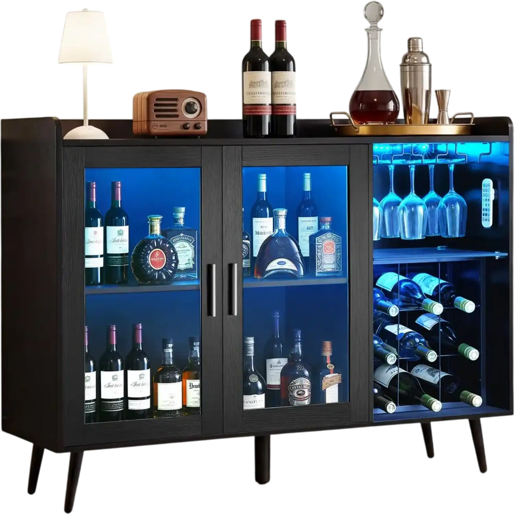 VEVOR Wine Cabinet, Coffee Bar Cabinet with 9 Wine Bottle Racks, Modern Buffet Sideboard with Glass Holder, Adjustable LED Brightness, for Home Kitchen, Living Room, Dining Room, Black Wood Grain