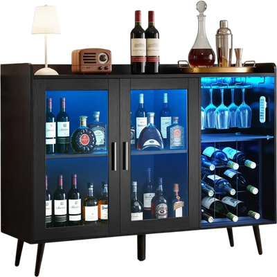 VEVOR Wine Cabinet, Coffee Bar Cabinet with 9 Wine Bottle Racks, Modern Buffet Sideboard with Glass Holder, Adjustable LED Brightness, for Home Kitchen, Living Room, Dining Room, Black Wood Grain