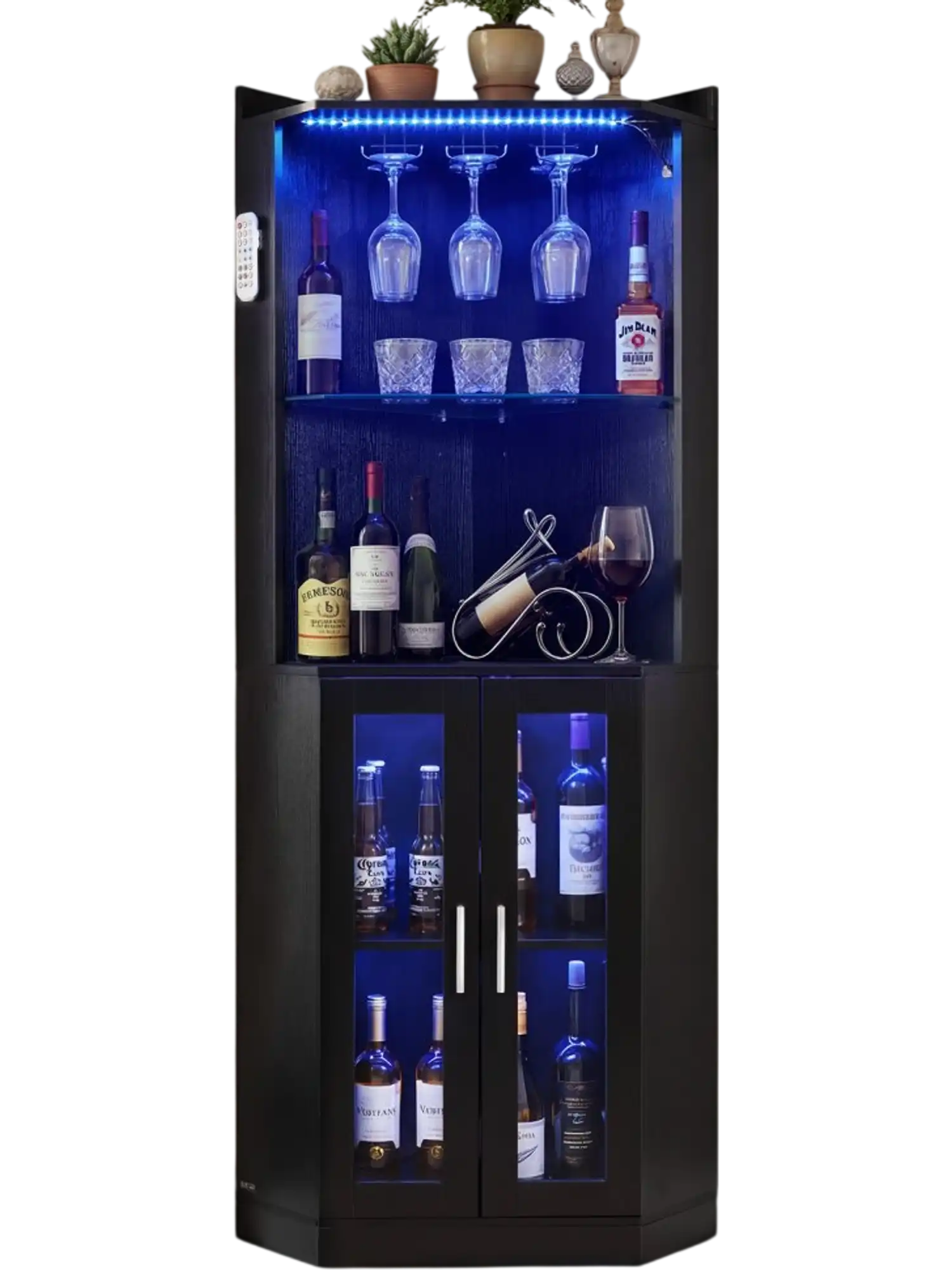 Vevor Wine Cabinet Corner Bar Cabinet with LED Lighting Black Wood New