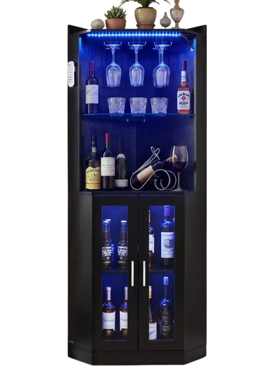 Vevor Wine Cabinet Corner Bar Cabinet with LED Lighting Black Wood New
