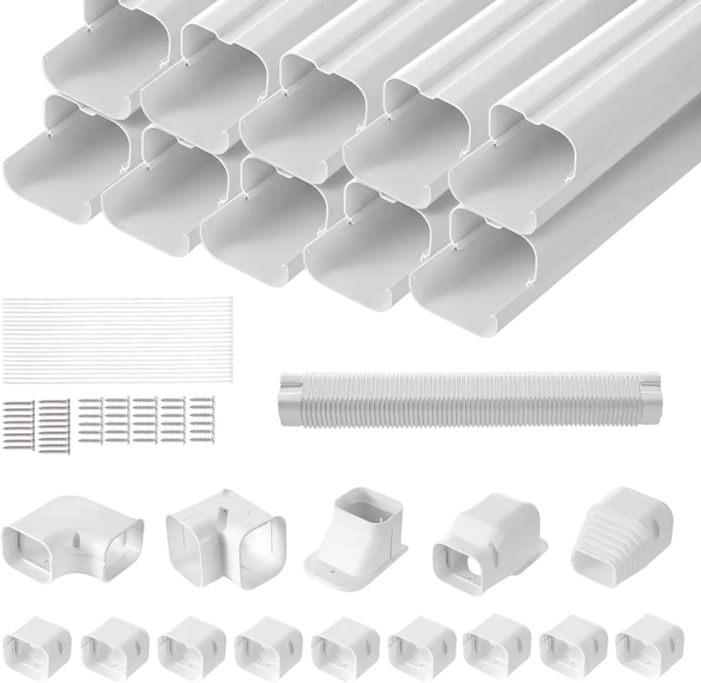 VEVOR Mini Split Line Set Cover 3-inch W 17.7Ft L, PVC Decorative Pipe Line Cover For Air Conditioner with 10 Straight Ducts & Full Components Easy to Install, Paintable for Heat Pumps, White