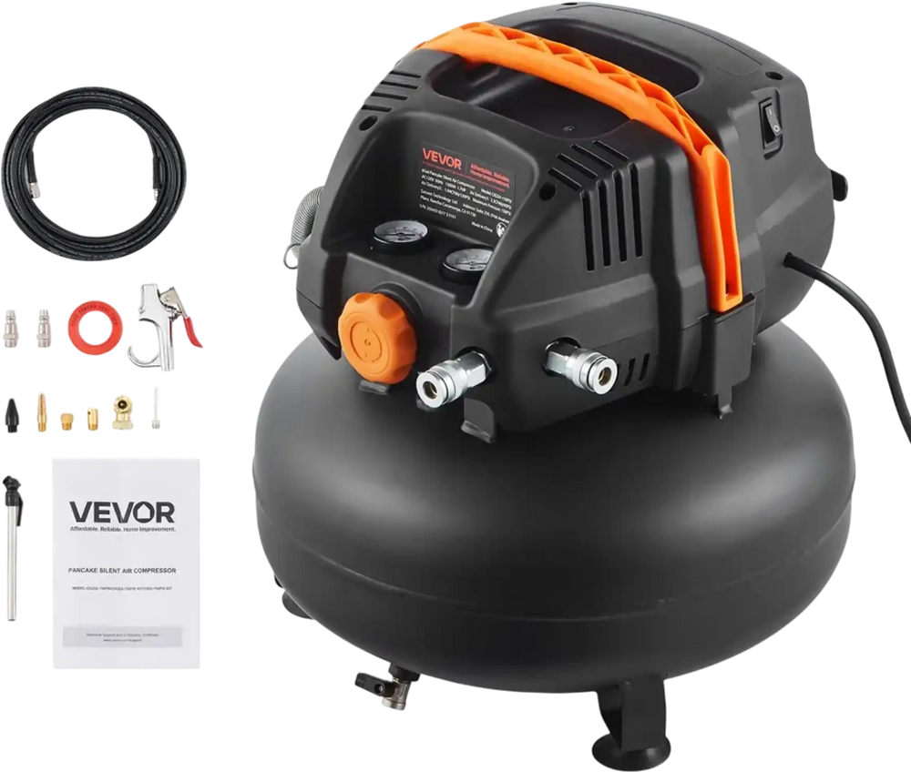 VEVOR 6 Gallon Air Compressor, 1.7HP 2.3CFM@90PSI Portable Pancake Air Compressor & 150PSI Max Pressure, 12-Piece Accessory Kit with 25FT Air Hose for Tire Inflation, Spray Painting, Woodwork Nailing