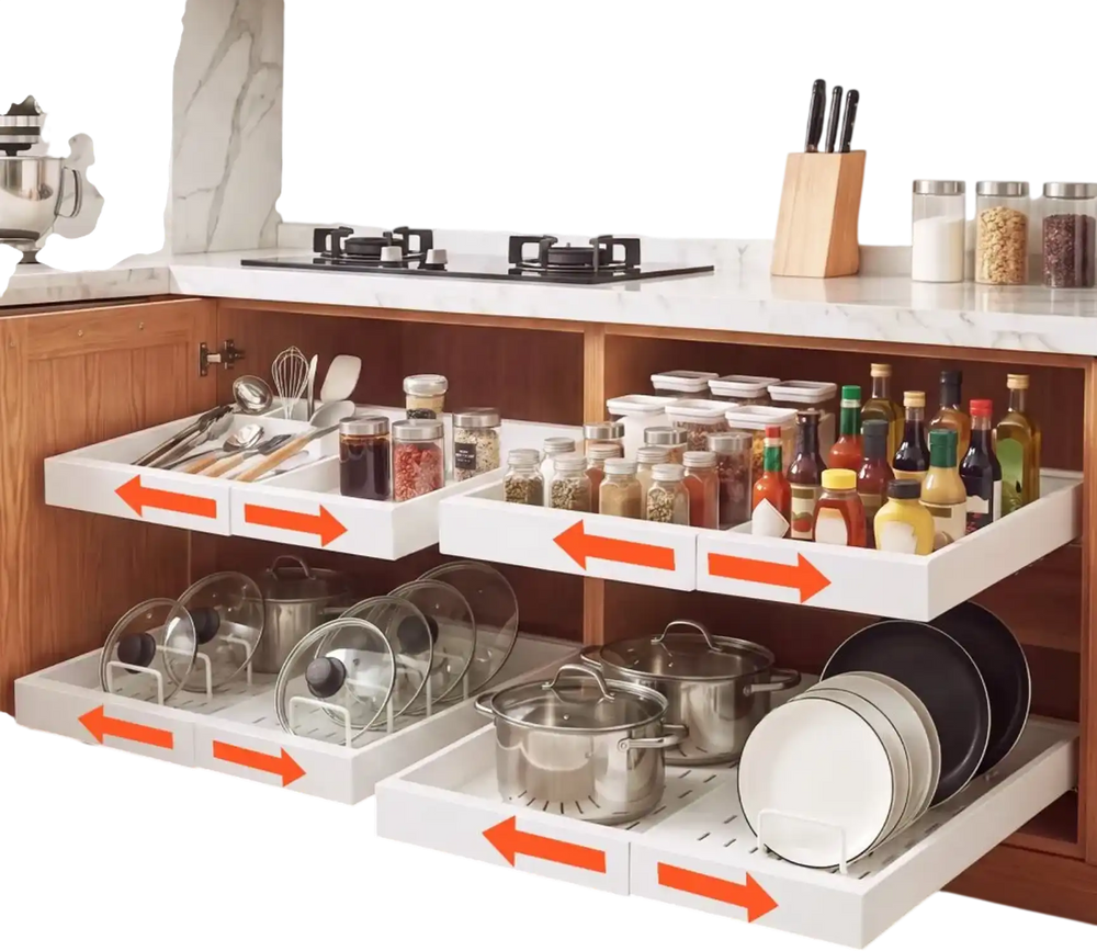 VEVOR Pull Out Cabinet Organizer, 4 Pack Expandable Width (12.2"-18.9"), 20.47" Deep Pull Out Drawers for Cabinets, Sliding Drawer for Kitchen Pantry Cabinet Organizer with Nano Adhesive Strips, White
