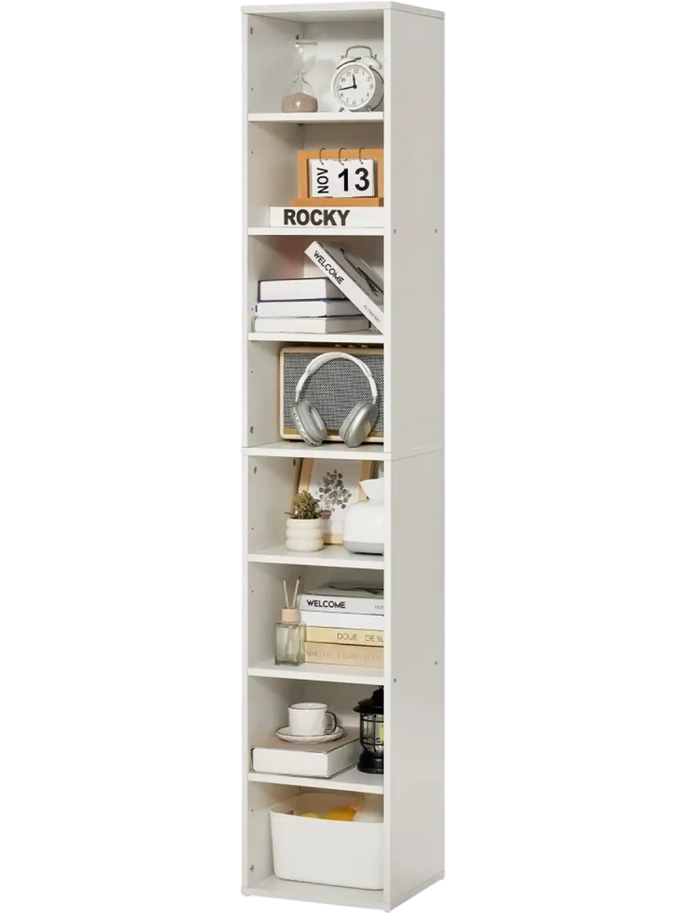 VEVOR 8 Tiers Narrow Bookshelf, 71 in Wooden Tall Open Bookcase with  Height-Adjustable Shelf, Freestanding Display Storage Floor Bookcase Bookshelf for Library, Bedroom, Living Room, Office, White