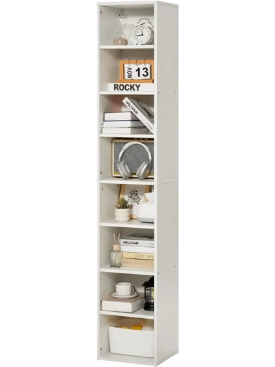 VEVOR 8 Tiers Narrow Bookshelf, 71 in Wooden Tall Open Bookcase with  Height-Adjustable Shelf, Freestanding Display Storage Floor Bookcase Bookshelf for Library, Bedroom, Living Room, Office, White