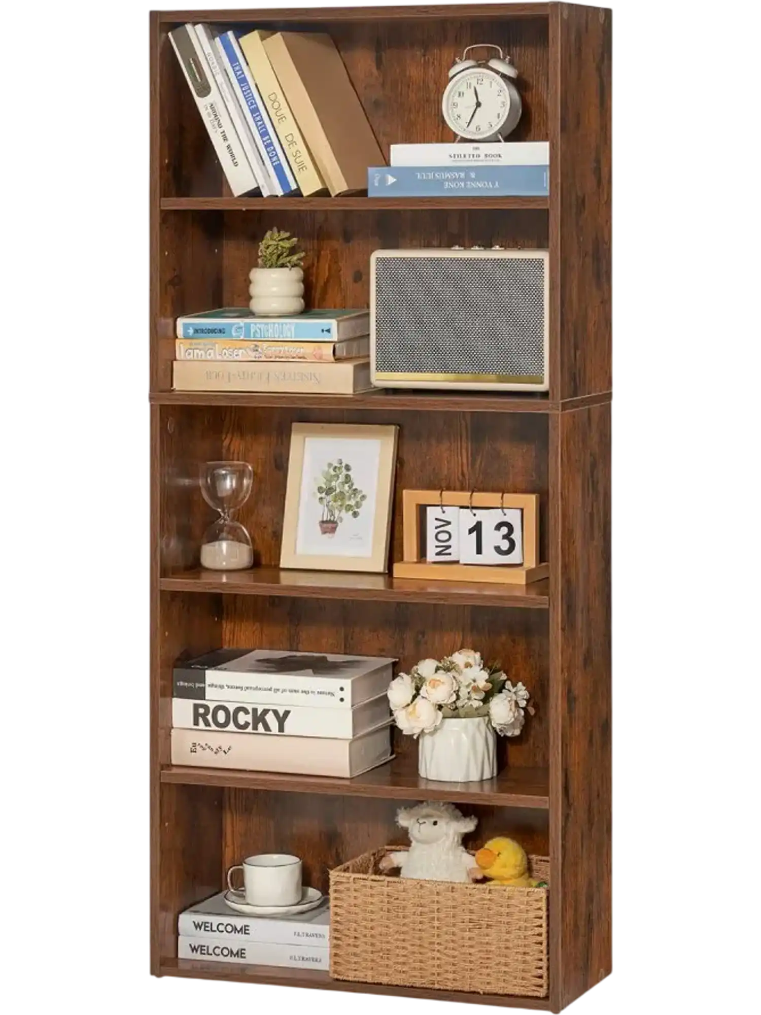 Vevor Bookcase 5-Tier Narrow Adjustable Shelf Brown 53