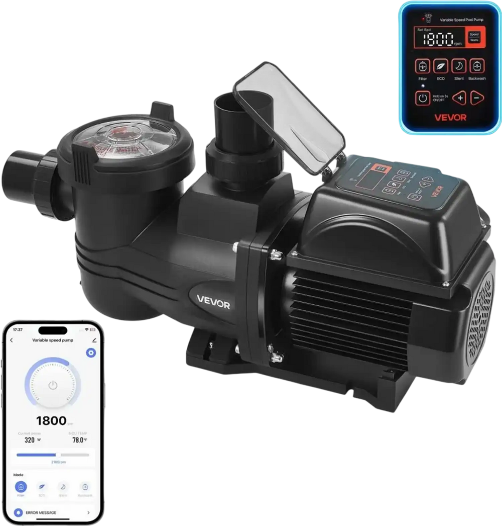 VEVOR Variable Speed Pool Pump, 1.5 HP, AC 220-240V, 132 GPM, In/Above Swimming Pool Pump with Filter Basket, Powerful Self Priming, Programmable Timer, for Inground and Above Ground Swimming Pool