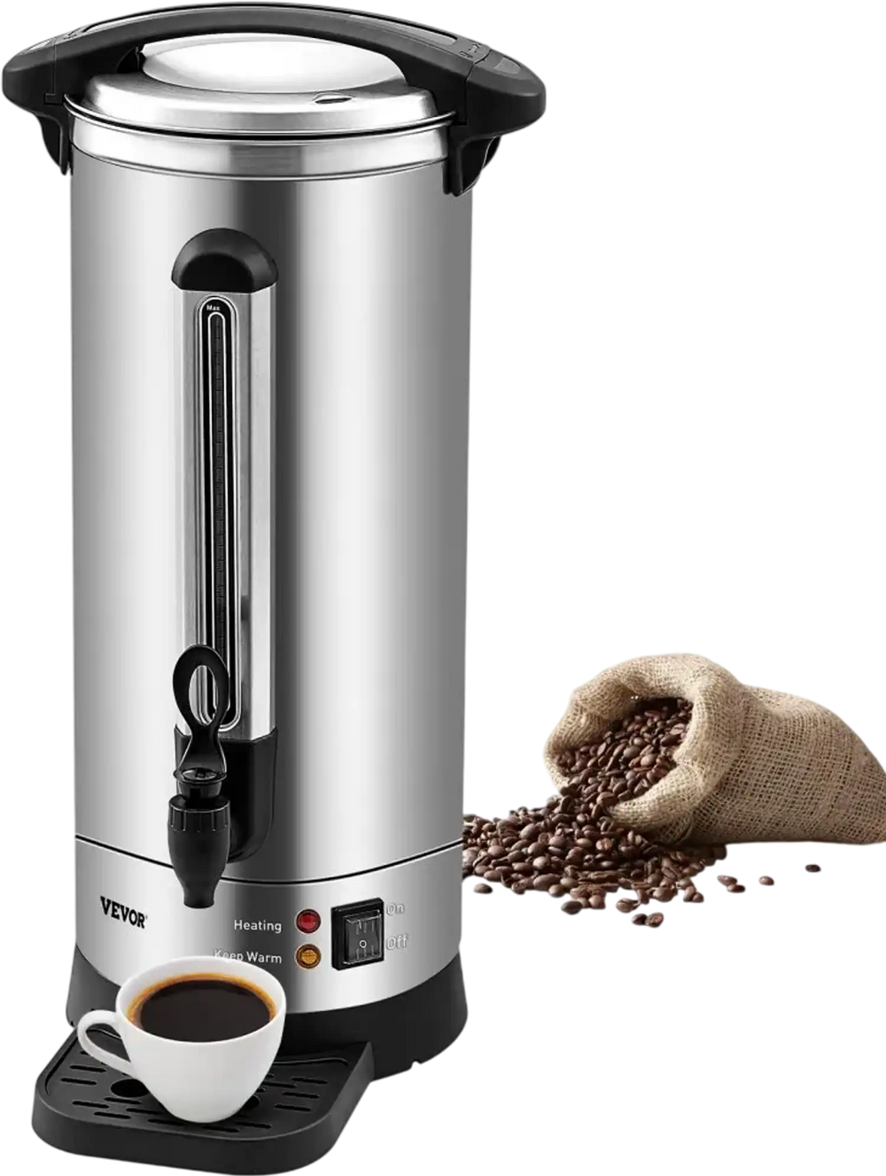VEVOR Commercial Coffee Urn, 110 Cups Stainless Steel Large Coffee Dispenser, 1500W 110V Electric Coffee Maker Urn For Quick Brewing, Hot Water Urn with Detachable Power Cord for Easy Cleaning, Silver