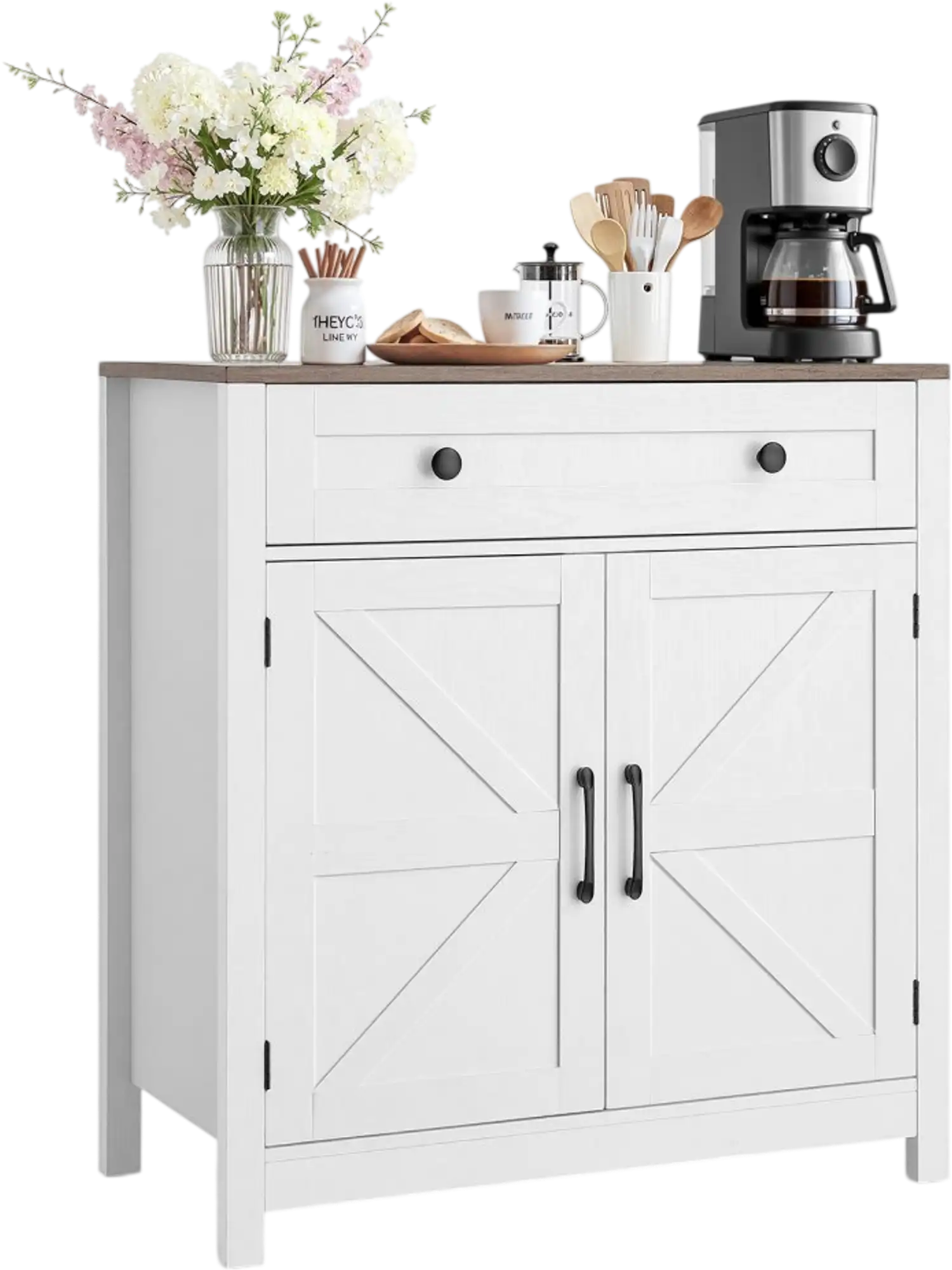 Vevor Coffee Bar Cabinet Farmhouse Buffet Station with Drawer and 2 Barn Doors White New