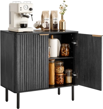 VEVOR Coffee Bar Cabinet, Mid Century Fluted Coffee Bar Table with 2-Tier Storage, Buffet Stand Cabinet with Barn Door, Sideboard Buffet Station for Living Room, Entryway, 31.5 x 14.7 x 31.5 in, Black